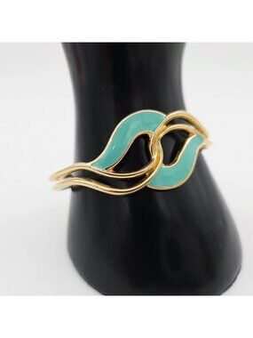 Gold-Tone Open Cuff Bracelet With Mint Green Enamel Wave Design